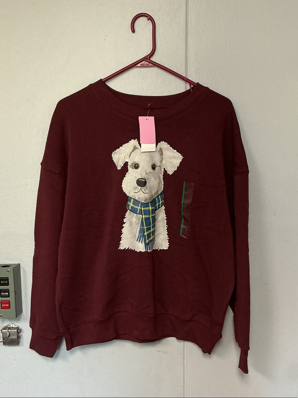Zoe + Liv Maroon Crewneck Sweatshirt with White Dog Graphic